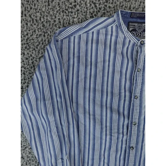 Coliseum Mens XL Blue White Striped Band Collar Long Sleeve Cotton Button Shirt